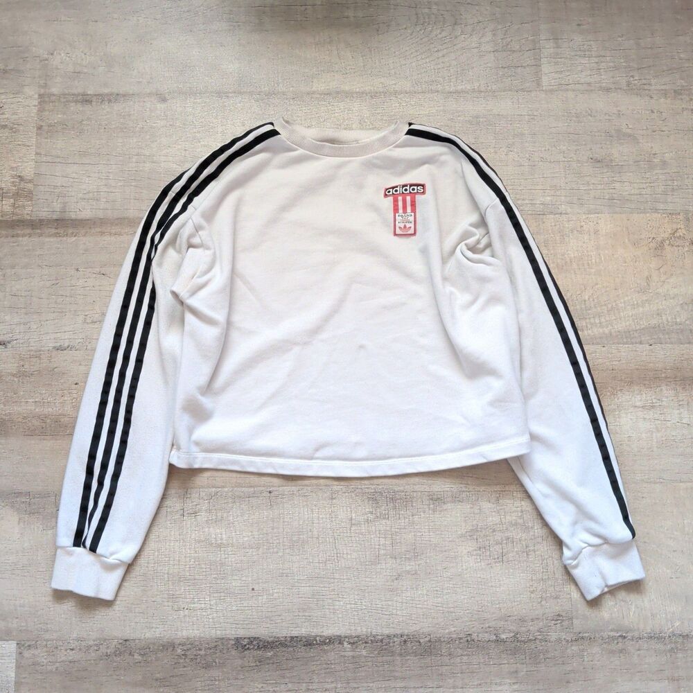 Adidas Originals Cropped Pullover Sweatshirt White 3-Stripe Sleeve Logo Large
